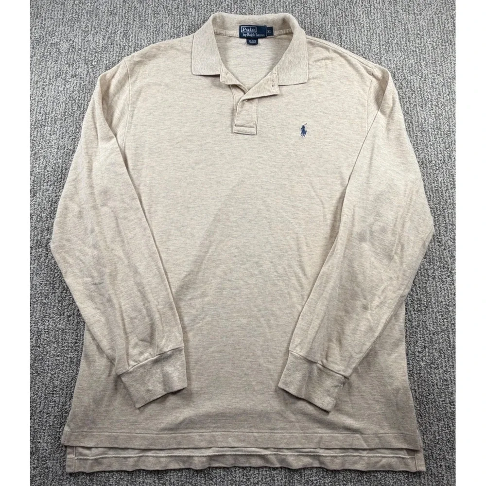 Polo Ralph Lauren Polo Shirt Men XL Beige Long Sleeve Cotton Pique Pony Logo
